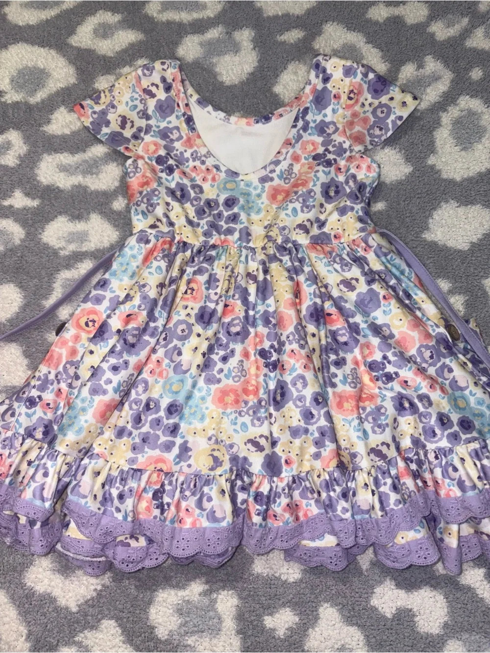 cheeky plum Purple Multicolor Floral Ruffle Full Skirt Dress with Waist Tie 3T